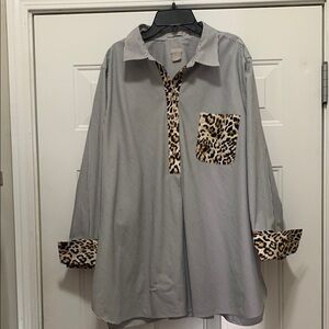 4/$10 Chico's Size XXL (Size 4) Striped Cotton Blend Shirt with Leopard Accents